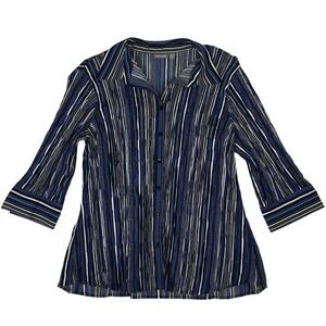 Apt. 9 Woman 1X Blue Black White Vertical Stripe Crinkle Button Front Blouse